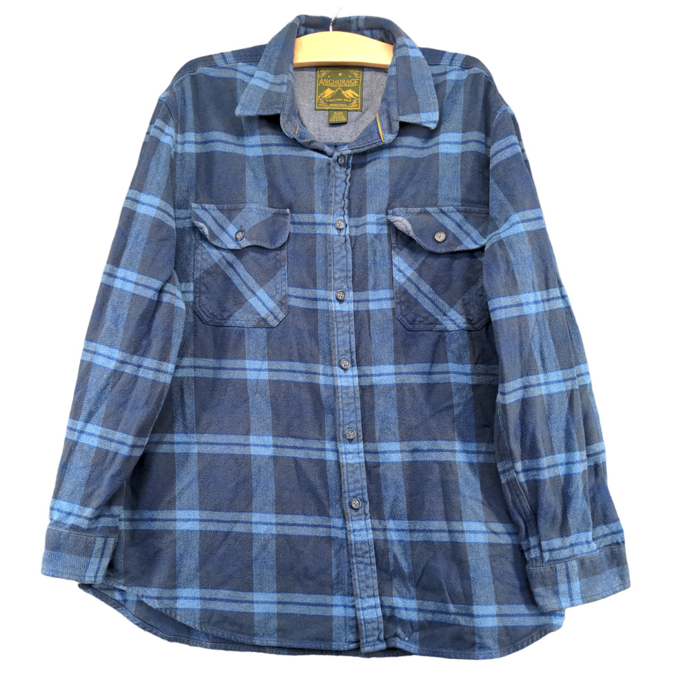 Anchorage Men's Button-Up Shirt Blue XL Long Sleeve Plaid Flap Pockets Flannel